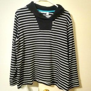 Preowned Croft & Barrow Women's Ribbed Shawl Collar Top Size 1X Black Stripe